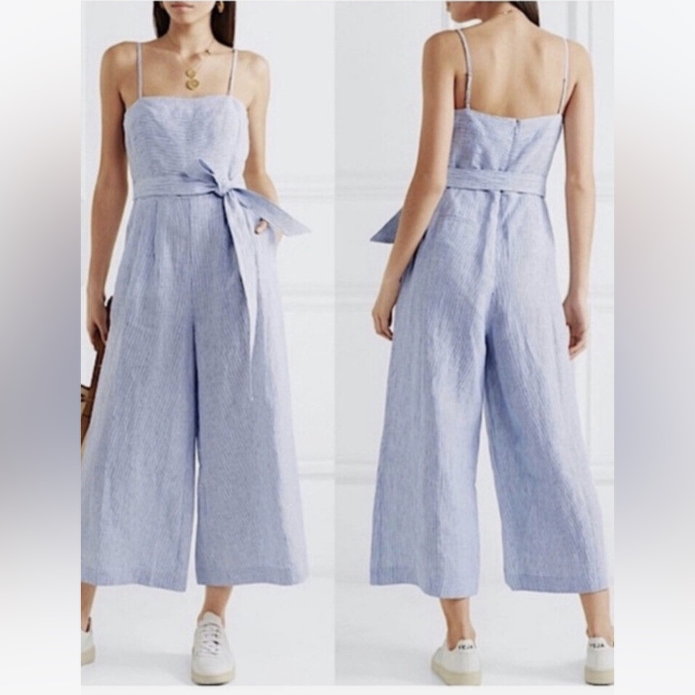 J. Crew Light Blue Striped Linen-Blend Wide Leg Jumpsuit